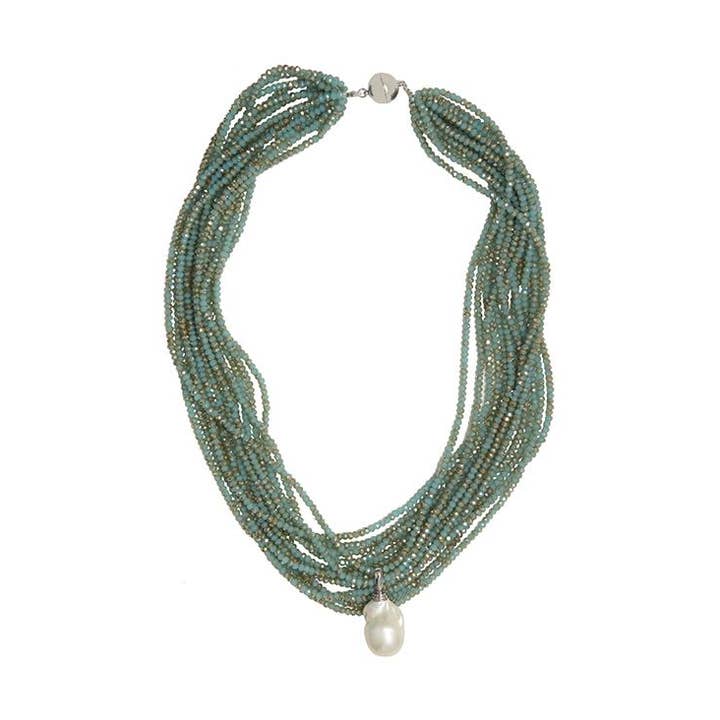 192-06-S | COLLANA IN CRISTALLO TURCHESE CON PERLA SELVATICA RIMOVIBILE per la vendita all'ingrosso da parte di Girl With A Pearl