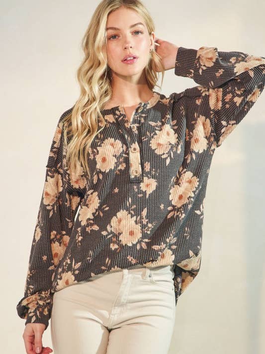 CHARCOAL ET7775-11LONG SLEEVE FLORAL BUTTON UP TOP for wholesale on Faire4