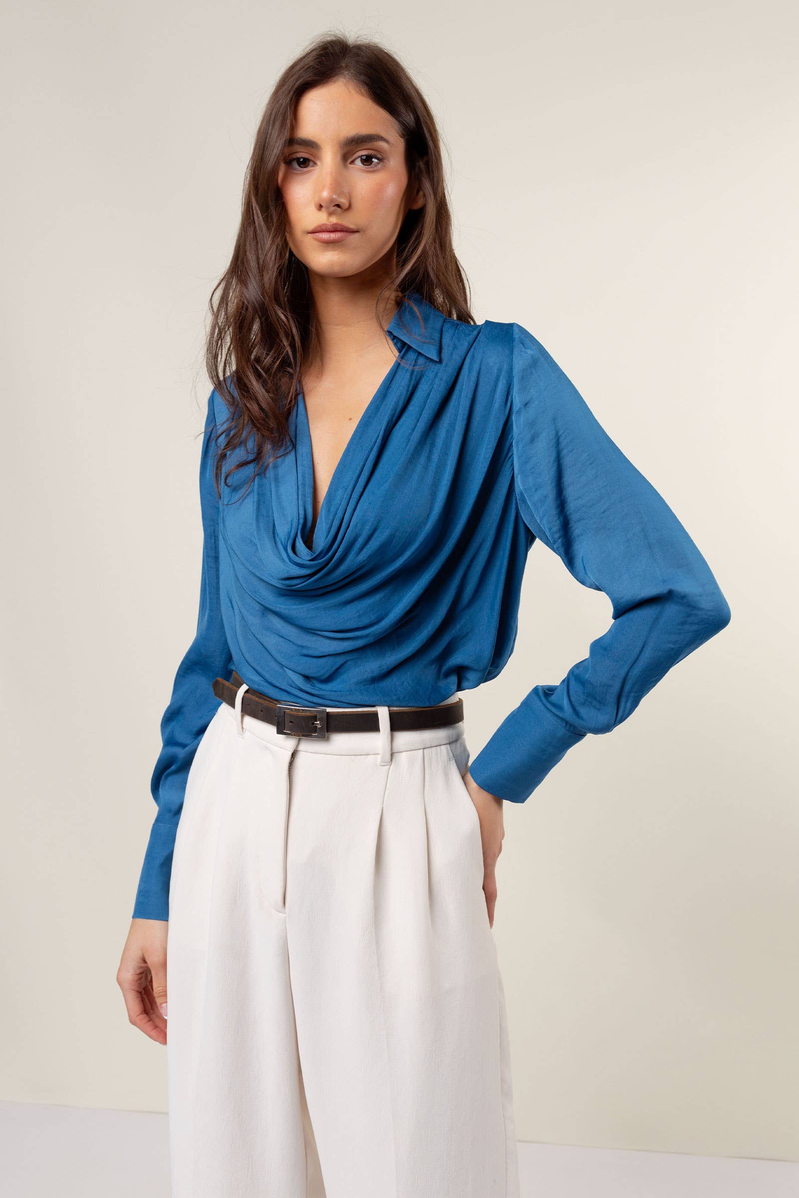 Naked Zebra - Wholesale Blouse - Women's - Draped Cowl Neck Blouse With Buttoned Cuffs0