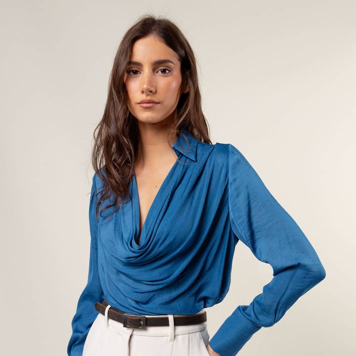 Naked Zebra - Wholesale Blouse - Women's - Draped Cowl Neck Blouse With Buttoned Cuffs0