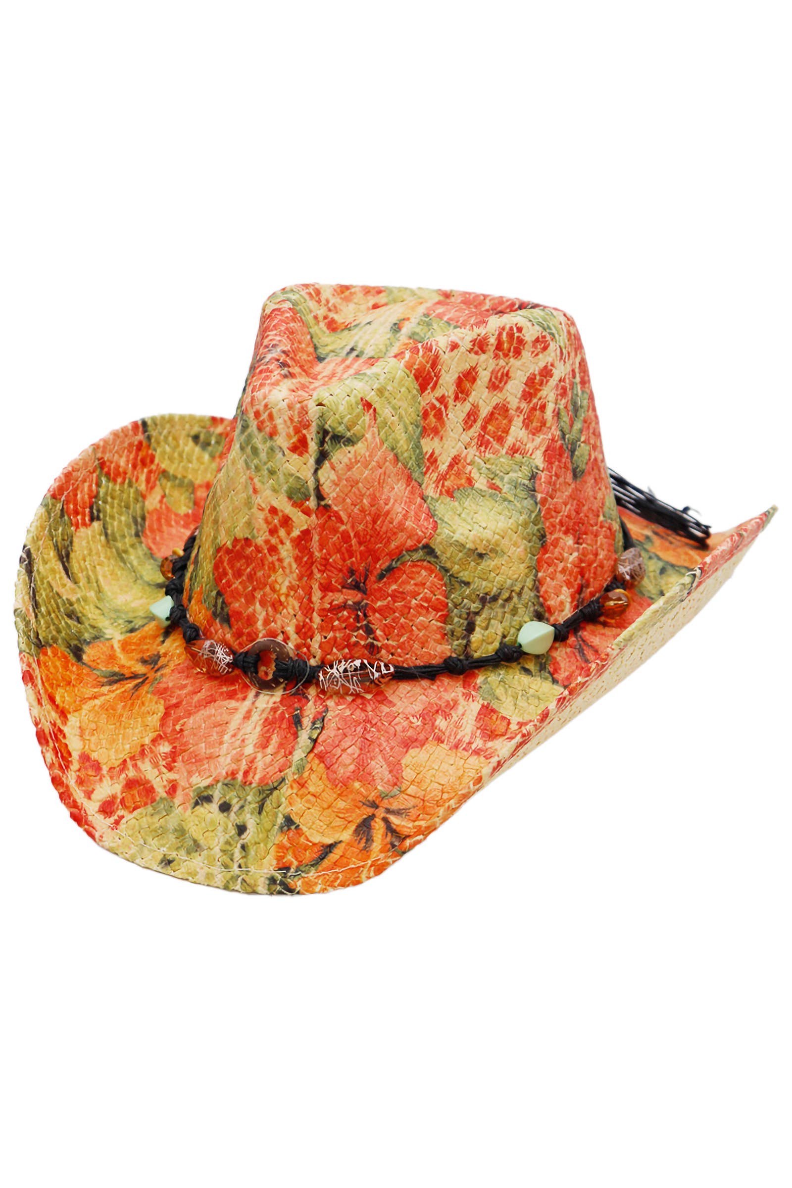 Cap Zone - Wholesale Cowboy Hat - Women's - Floral Print Raffia Paper Straw Cowboy Hat2
