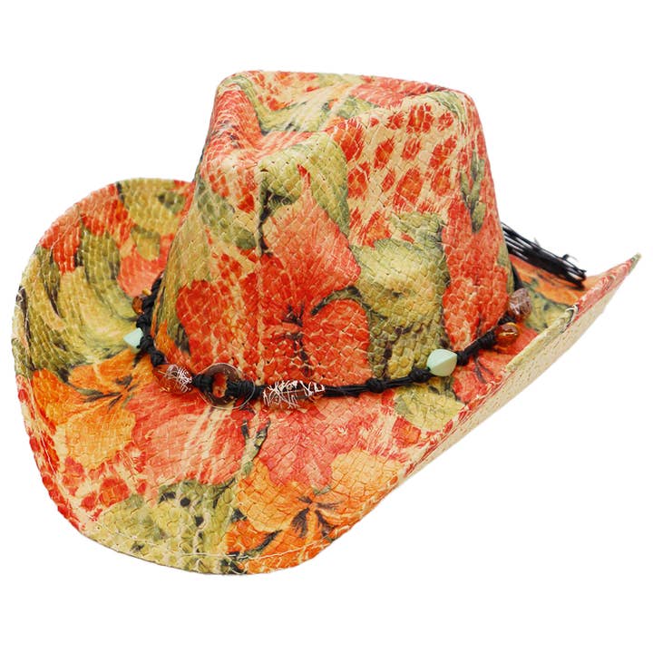 Cap Zone - Wholesale Cowboy Hat - Women's - Floral Print Raffia Paper Straw Cowboy Hat2