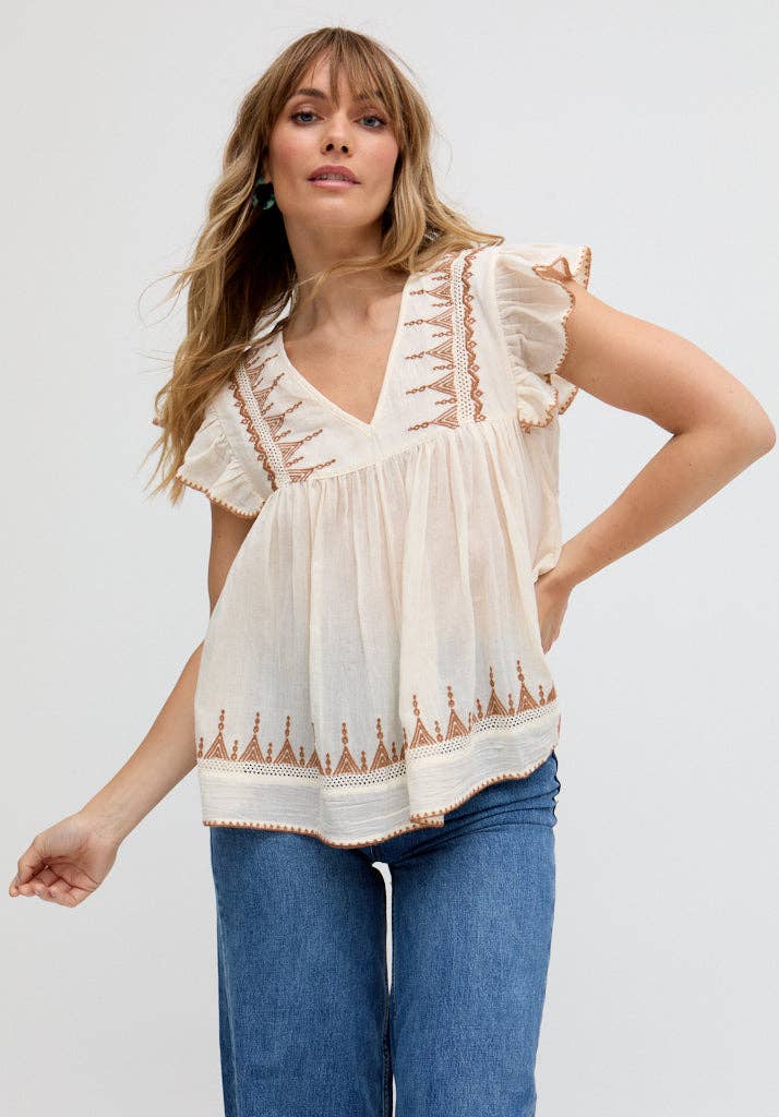 Raffya - Wholesale Blouse - Dames - Mariana Blouse met Fladdermouwen en Borduursel in Crème2