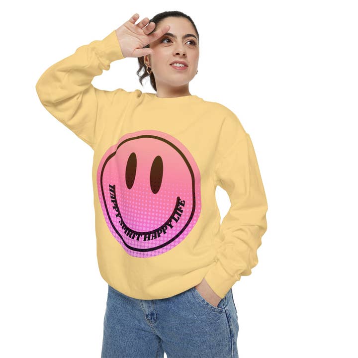 Aesthetic Smile Hoodie, Smile Face Comfort Colors Crewneck, Happy Spirit Happy Life Sunset Smile Sweatshirt, Unisex Garment-Dyed Sweatshirt for wholesale by Happy Life Stuff