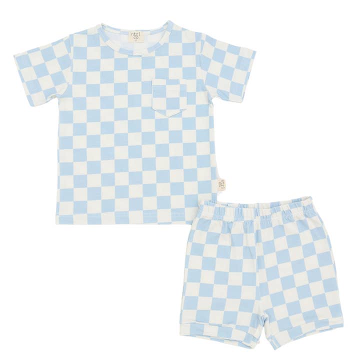 Conjunto de Pijama de Manga Corta | Cuadros Costeros | Azul para venta al por mayor de ntrl co.