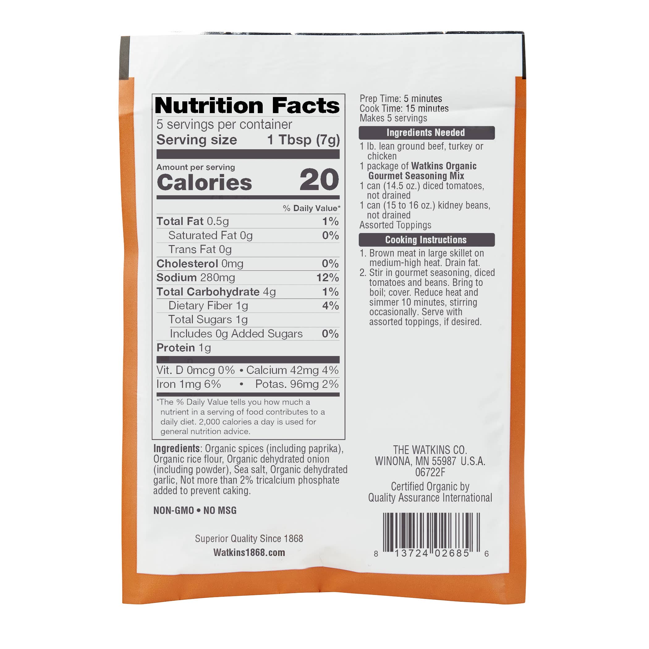 The Watkins Co. - Wholesale Dried Spice Mix - Organic Mild Chili Gourmet Seasoning Mix, 1.25 oz1