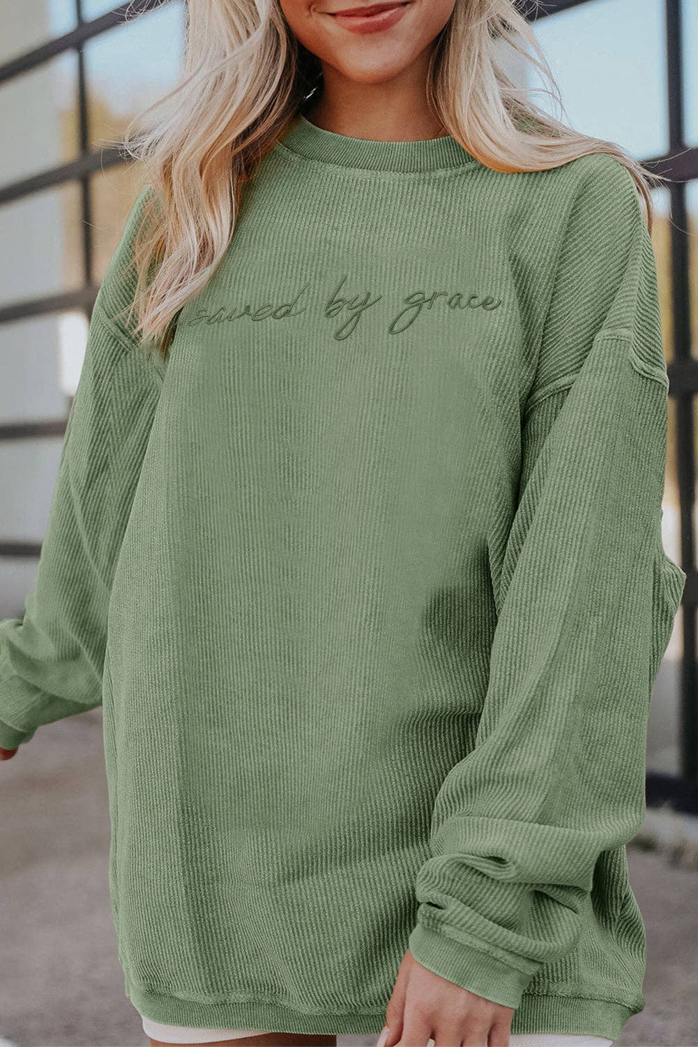 Suhkasana – wholesale Sweatshirt – Women's – Embroidered “saved by grace” Chunky Knit Crewneck Sweater3