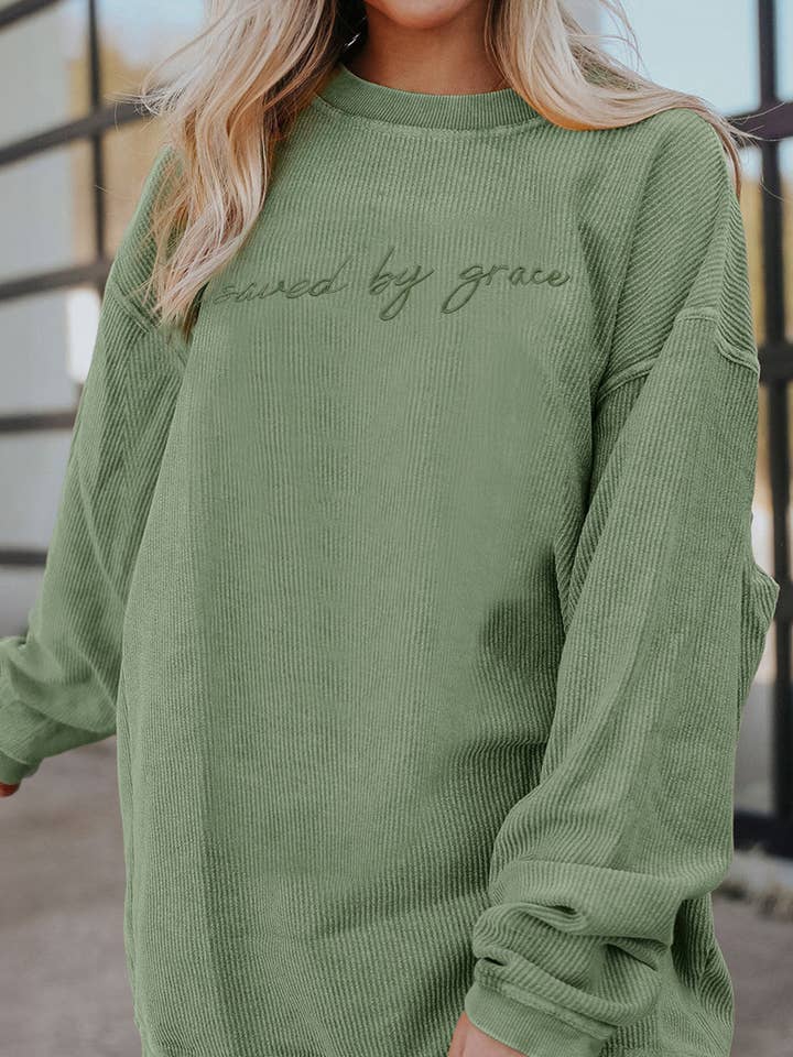 Suhkasana - Vente Sweat-shirt – femme - Pull à col rond en grosse maille brodé "sauvé par la grâce"3