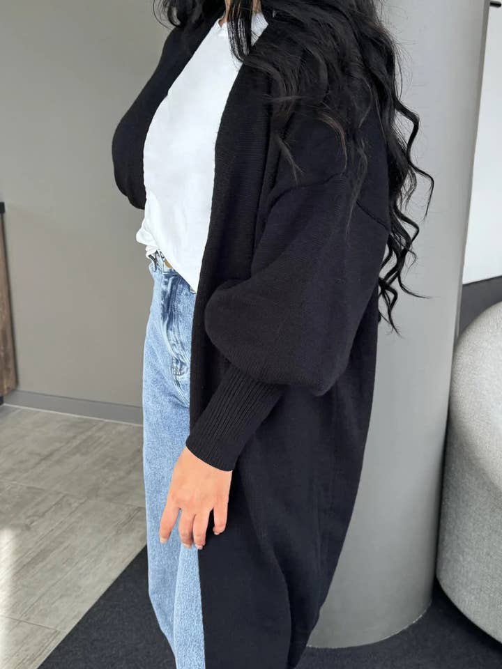 BLACK PUFFY SLEEVED BUTTON-DOWN SWEATER CARDIGAN for wholesale on Faire