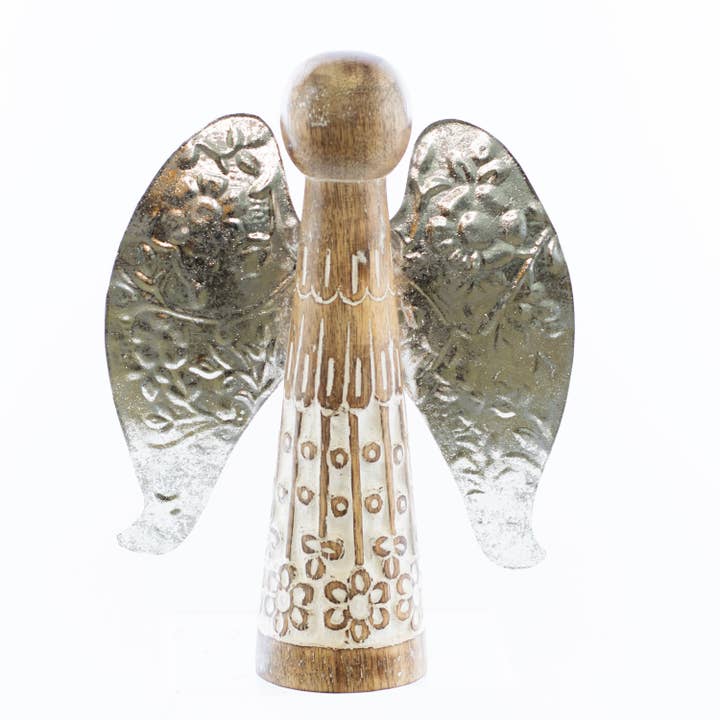 Oak Street Wholesale - Wholesale Decorative Figurine - Wood Spindle Angel w/ Metal Wings