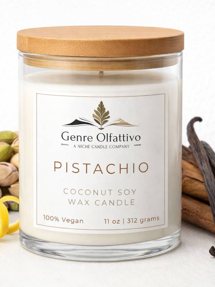 Pistachio 14oz Clear Jar Bamboo Lid for wholesale by Genre Olfattivo