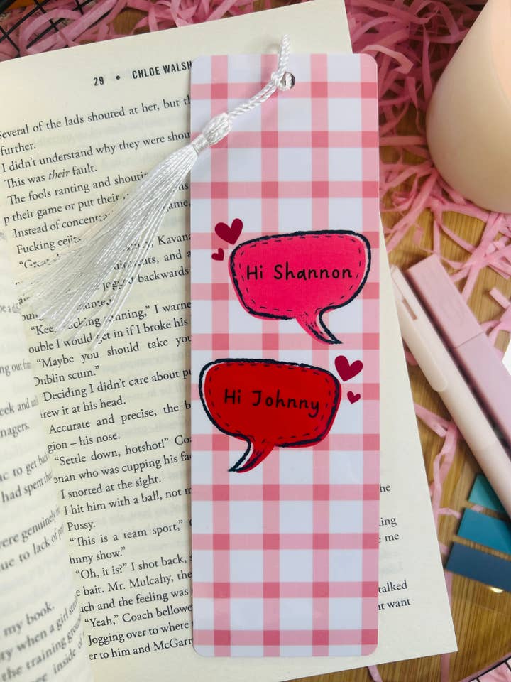 Binding 13 Inspired Bookmark – Red Gingham Checked Design, Cute Romance Bookish Gift, Shannon & Johnny Speech Bubble for wholesale by TheBookShack