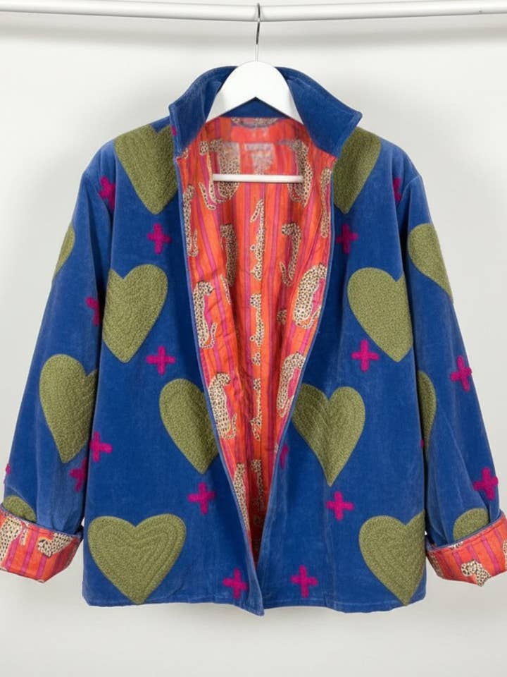 Blue Heart and Cross Velvet Jacket for wholesale by Chap and Graham Designs