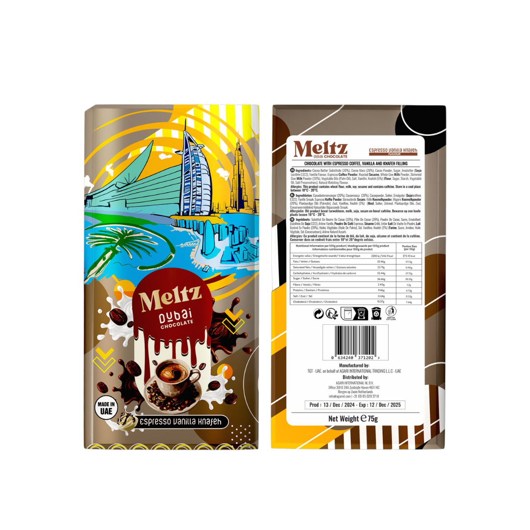 schutzoutlet – Engroshandel Chokoladebar – Meltz Dubai chokolade – espresso, vanilje og knafeh fyld (75 g)1