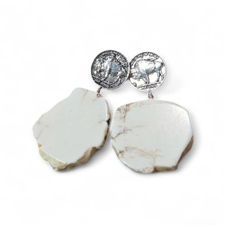 White Howlite Rock Slab With Buffalo Nickel Coin Fashion Earrings for wholesale on Faire