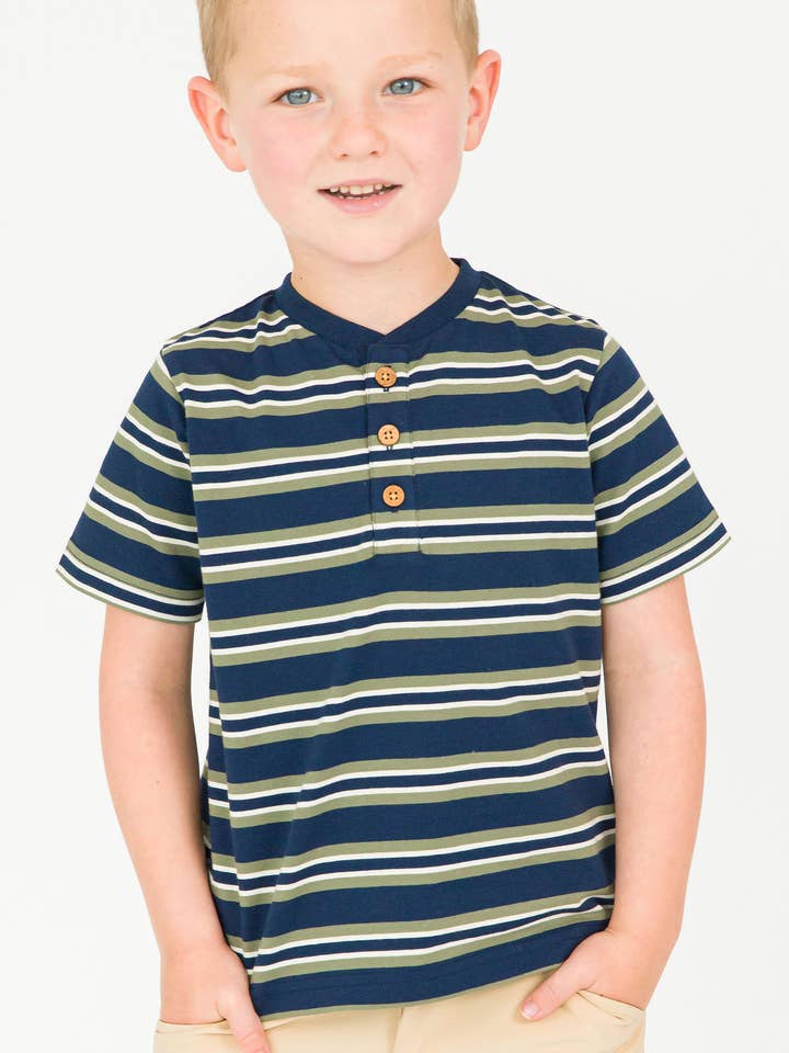 Boys Dark Navy & Olive Stripe Short Sleeve Henley for wholesale by RuffleButts + RuggedButts