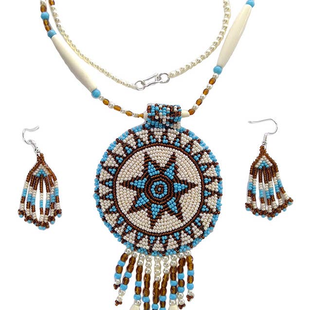White Turquoise Seed Bead Long Star Medallion Necklace Earrings Set for wholesale by BEADS CORNER