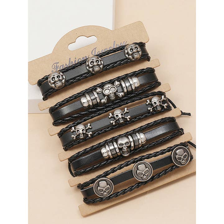 Black Handmade Beaded Skull Leather Bracelet for wholesale on Faire