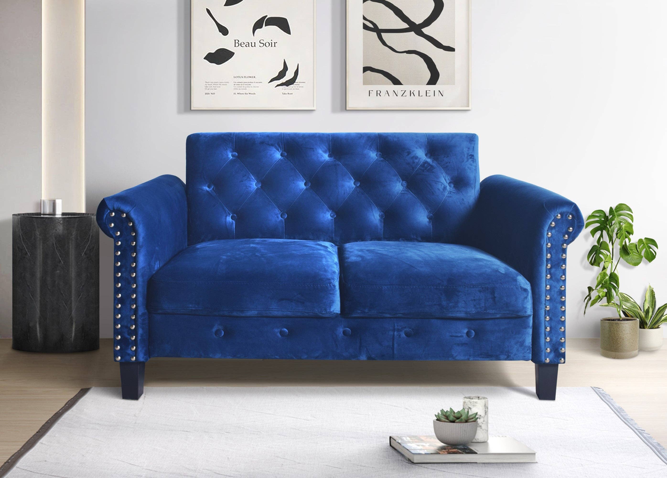 Home Design - Wholesale Sofa - 2-Piece Casper Velvet Rolled Arm Living Room Set with Loveseat and Sofa, Foam-Filled Cushions, Nailhead Trim, Navy Blue1