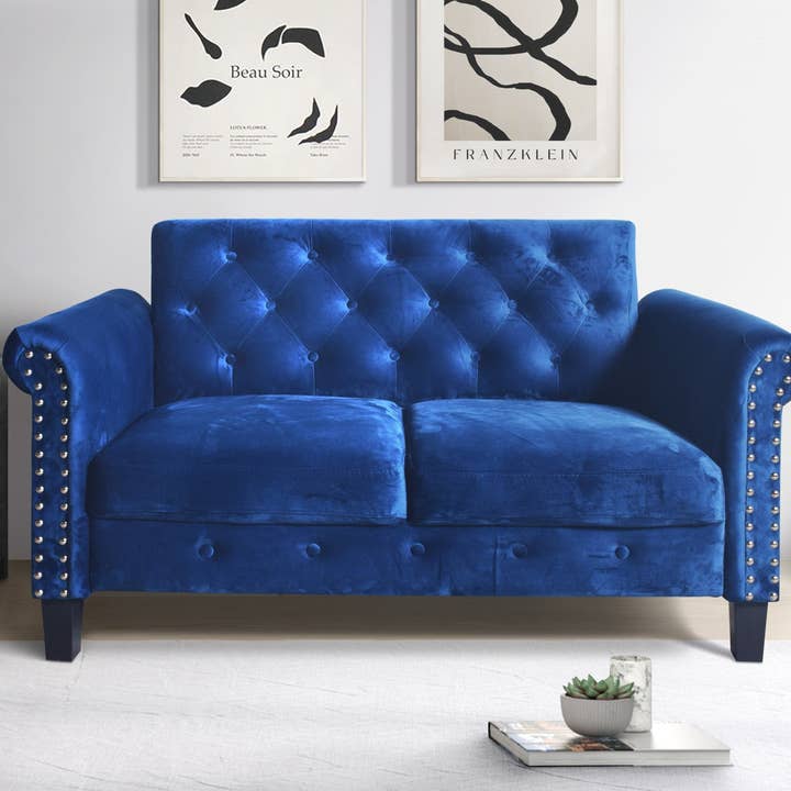 Home Design - Wholesale Sofa - 2-Piece Casper Velvet Rolled Arm Living Room Set with Loveseat and Sofa, Foam-Filled Cushions, Nailhead Trim, Navy Blue1