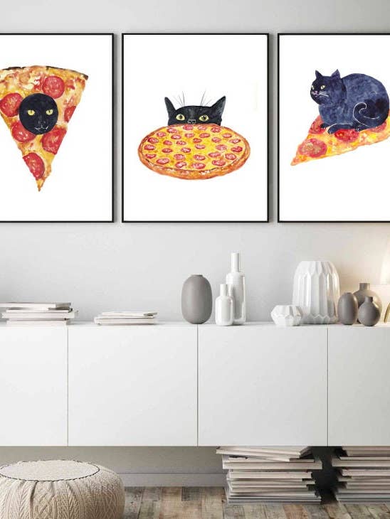 Set van 3 zwarte kat pizza gluren aquarel print voor wholesale door Goodfairyart