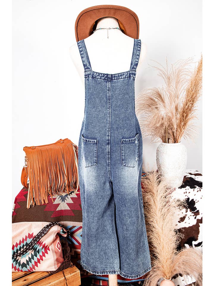 fashionworks - Wholesale Overalls - Women's - Fashion-W Distressed Bib Pocket Wide Leg Denim Overall
