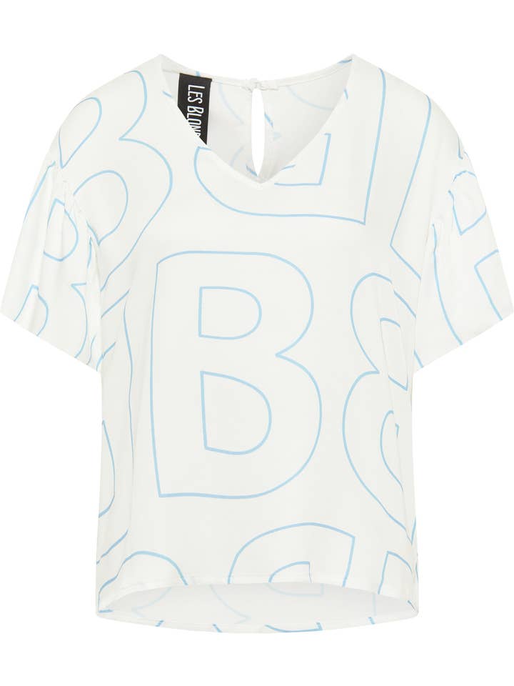 NINA - White Blue Short Sleeve V-Neck Fluid Blouse for wholesale by LES BLONDINETTES