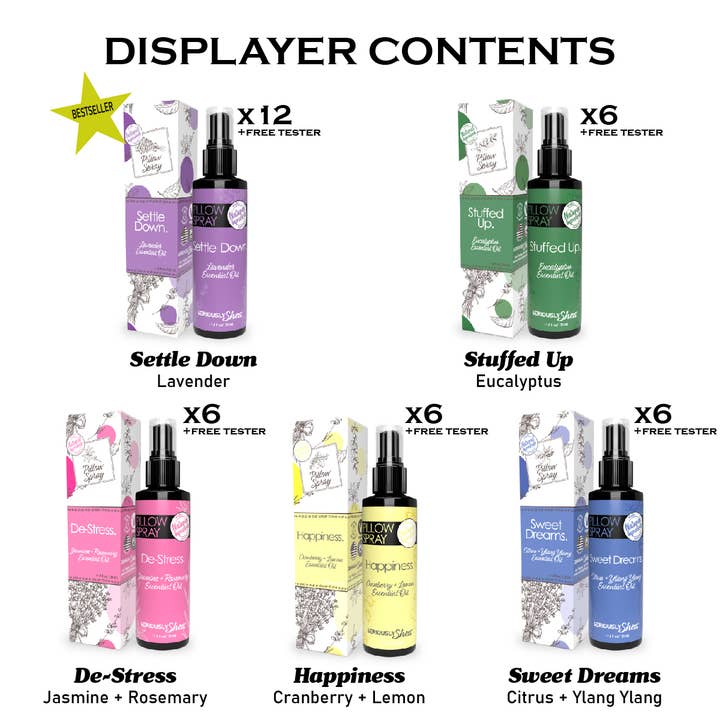 Seriously Shea - Wholesale Retailer Display - Home & Living - BEST SELLER! Essential Oil Pillow Spray Display FREE testers