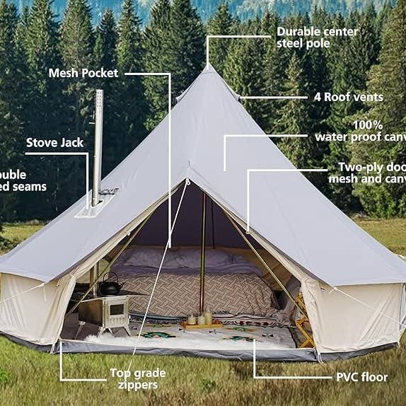 Trend Tents Inc - Wholesale Tent - Waterproof All-Season Gray Canvas Bell Tent with Stove Jack