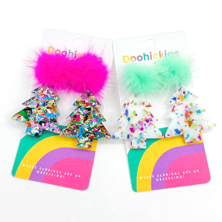 Doohickies - Wholesale Dangle Earrings - Pom Pom Chunky Glitter Christmas Trees Acrylic Earrings1