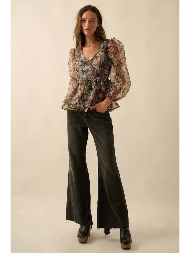 BLACK Floral-Print Organza Puff-Sleeve Peplum Top for wholesale on Faire9