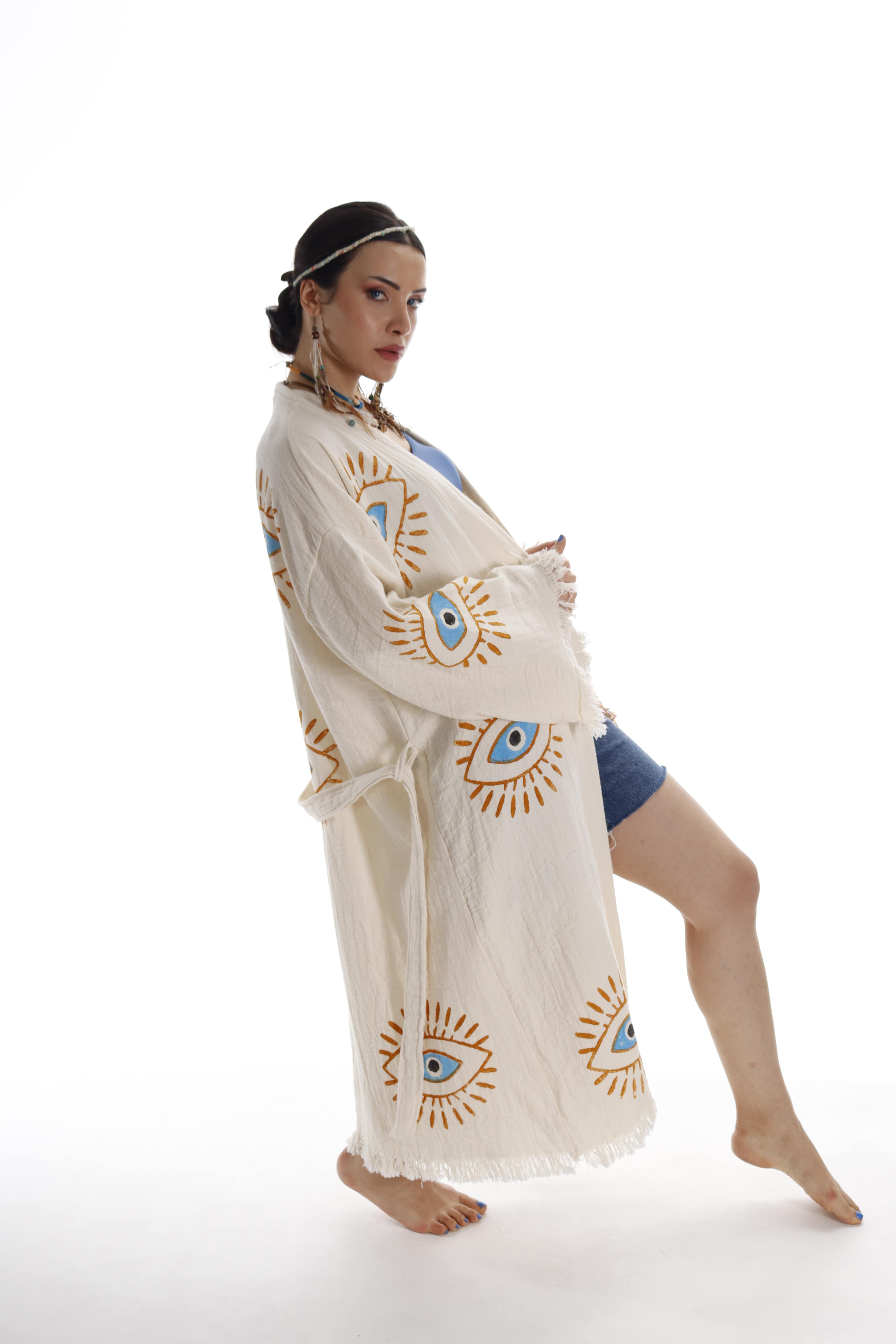 Beige Evil Eye Handmade Cotton Kimono Robe - Eco-Friendly for wholesale on Faire6