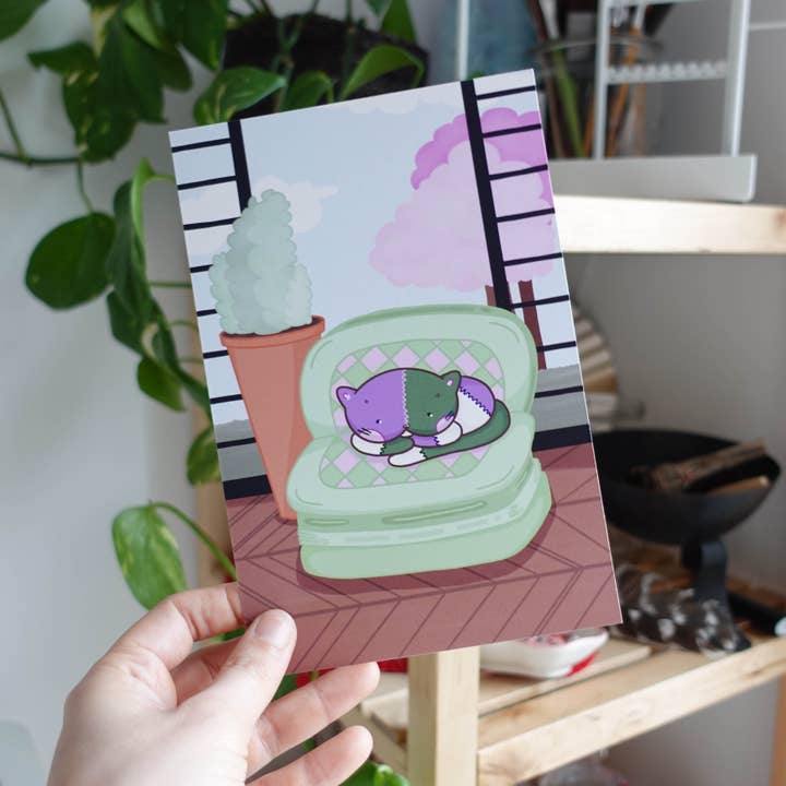 Cozy Stitched Cat Art Print for wholesale by uncomfy cherry