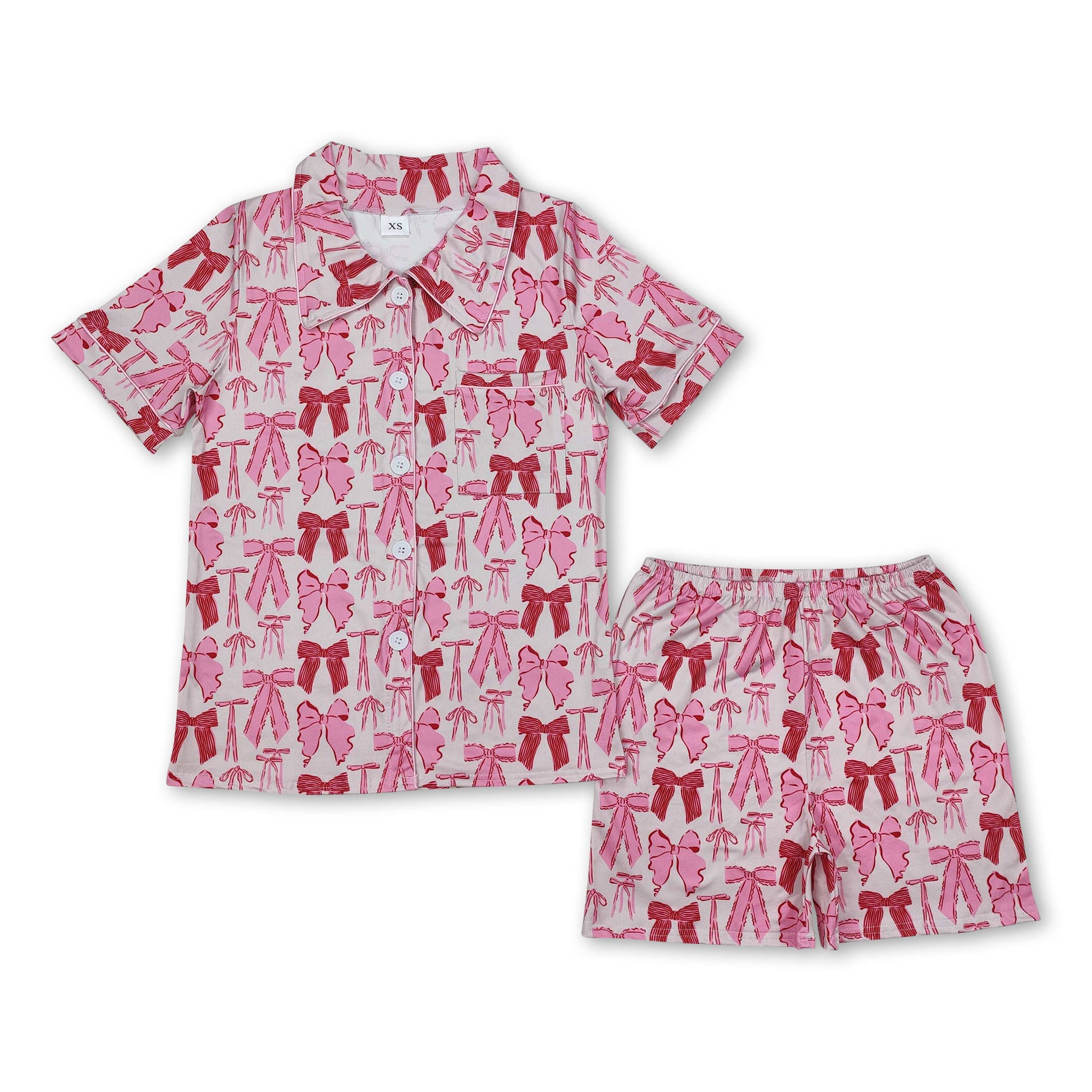 Yawoo Garments - Wholesale Sleepwear Set - Kids - Short sleeves bow baby girls button down pajamas1