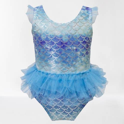 Traje de baño azul de una sola pieza de tul con forma de sirena para niña para venta al por mayor de Fennco Styles