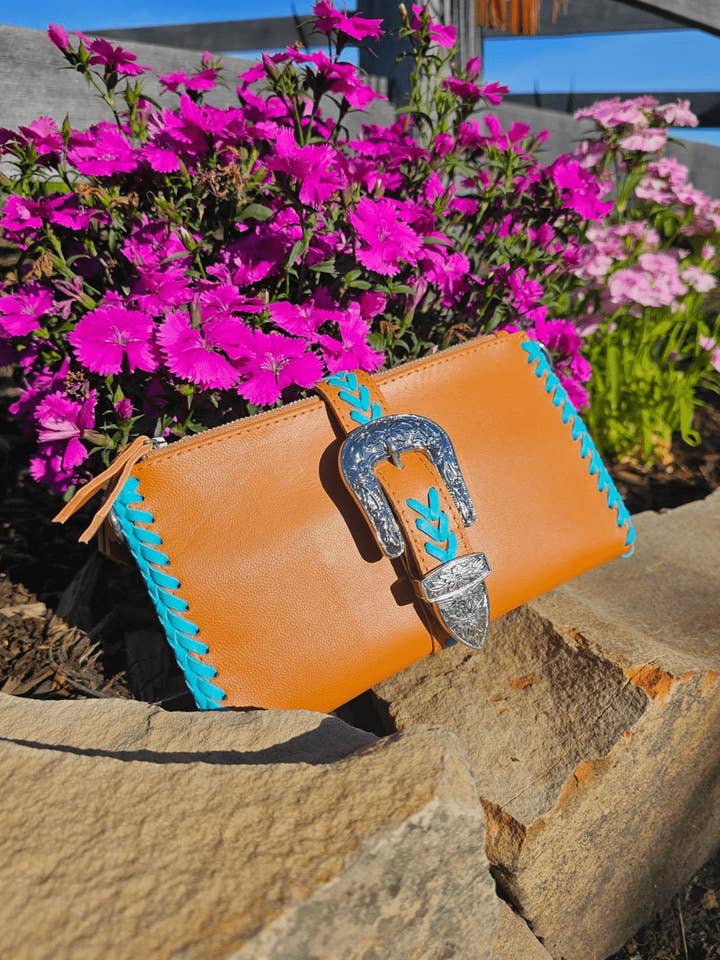 Esmeralda Clutch Bag - Tan/Turquoise for wholesale by Celestial Gypsy