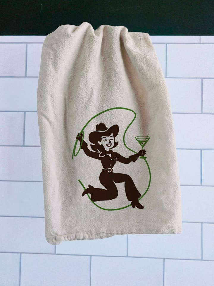 Cowgirl Cocktail Tea Towel for wholesale by Intrigue Ink