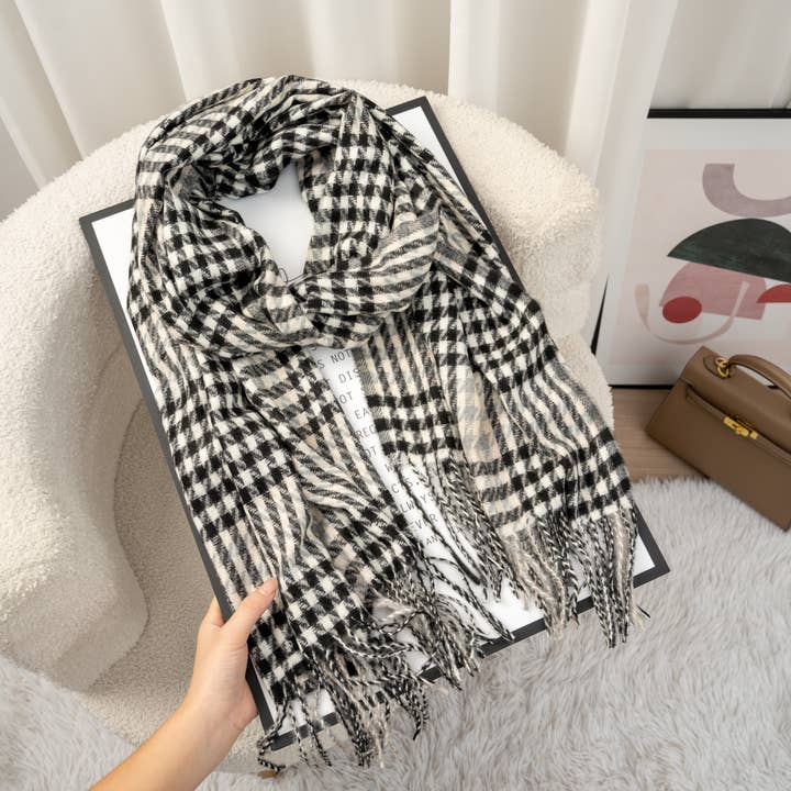 COSMOS - Wholesale Scarf - Women's - Elegant and soft black, white, and ecru checkered scarf for women1