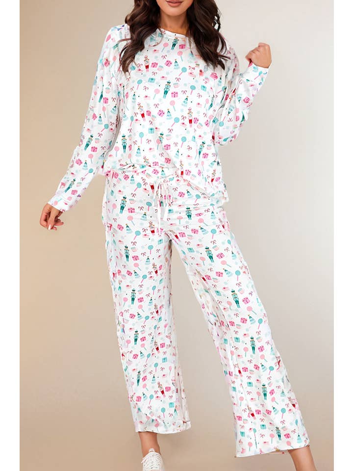 White Christmas Pattern Long Sleeve Top and Wide Leg Pants Set for wholesale on Faire
