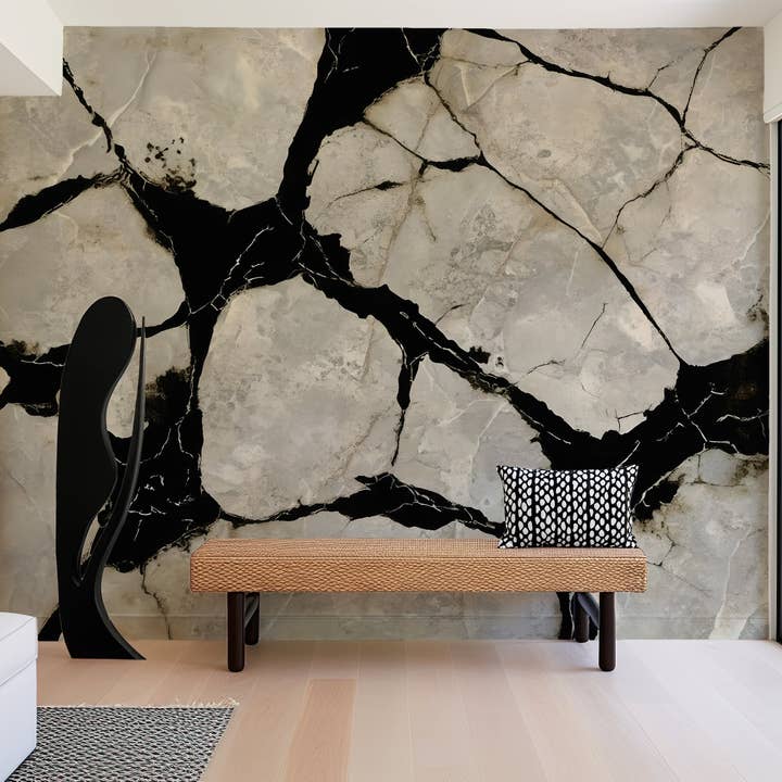 Murale Mur en Marbre Noir Veiné Papier Peint Moderne en Vinyle Toile Autocollante ou Non-Tissé pour la vente par ELOISE WORLD STUDIO