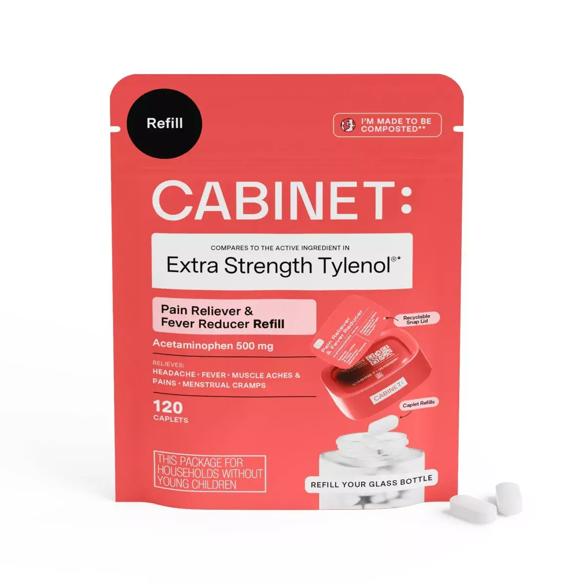 Cabinet Health - Wholesale Oral Supplement/Vitamin - Pain Reliever & Fever Reducer Compostable Refill Pouch 120ct0