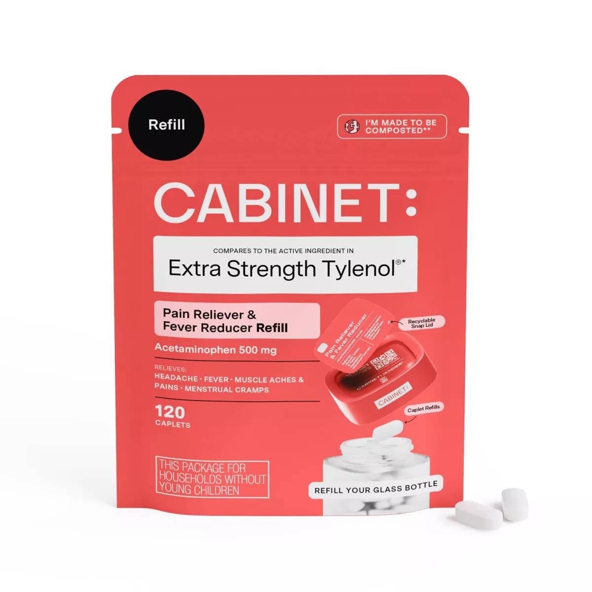 Cabinet Health - Wholesale Oral Supplement/Vitamin - Pain Reliever & Fever Reducer Compostable Refill Pouch 120ct