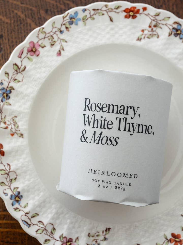Heirloomed Candle - Rosemary, Thyme, Moss - 8 oz Soy Wax for wholesale by Heirloomed Collection