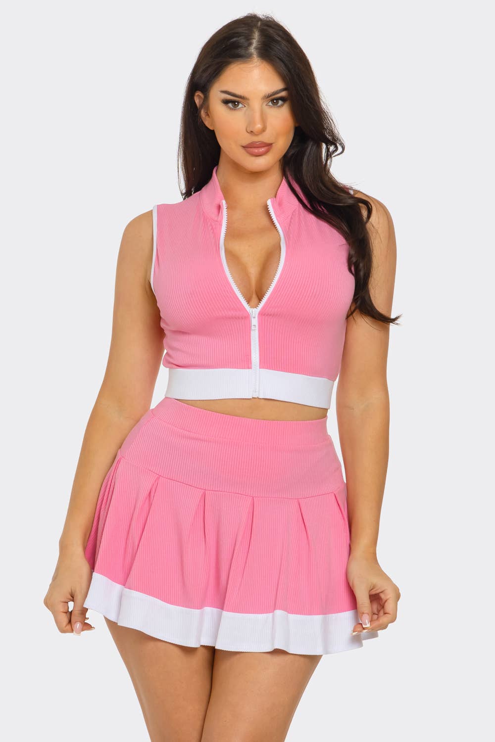 Julia by LoveJ - Wholesale Top & Skirt Set - Women's - Front Zipper Crop Top And Pleated Mini Skirt Set 5