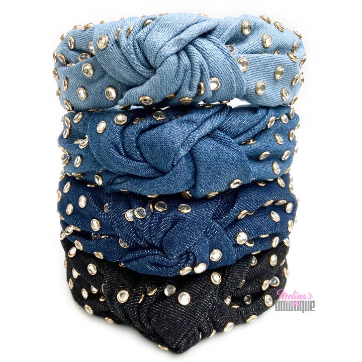 Rhinestone Denim Topknot Headbands for wholesale by Melina's Bowtique