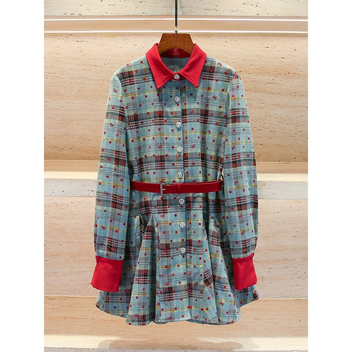 DR927 Women’s Bow-Tie Belted Check & Polka Dot Spring Dress for wholesale by Productseeker