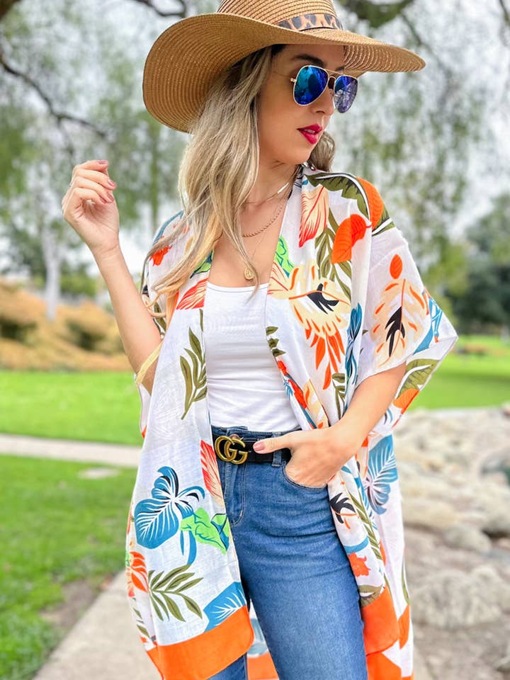 Ivory Multi Floral Border Printed Kimono With Tassel for wholesale by AMOLI