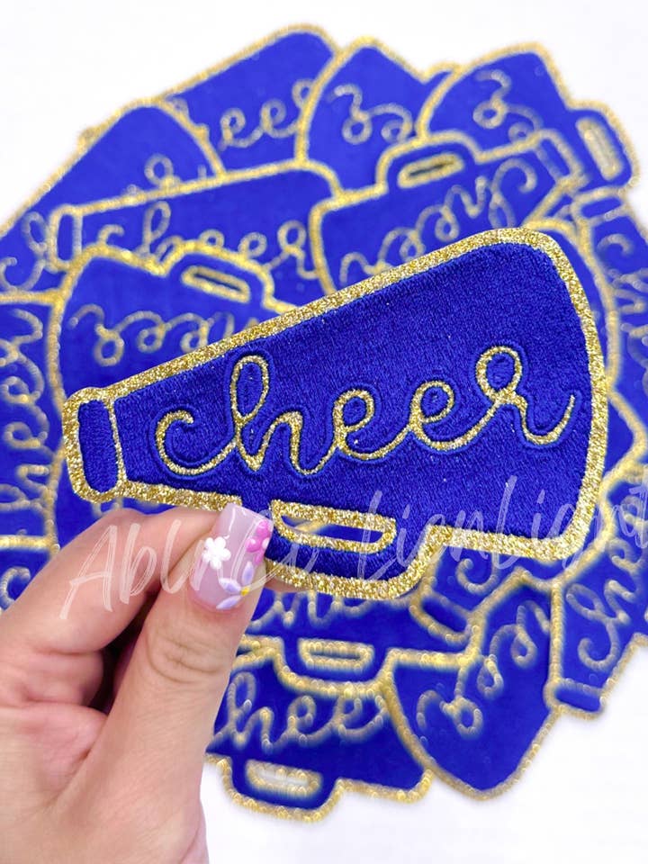 royal blue glitter cheer megaphone trucker hat patch iron on for wholesale by ABLNco