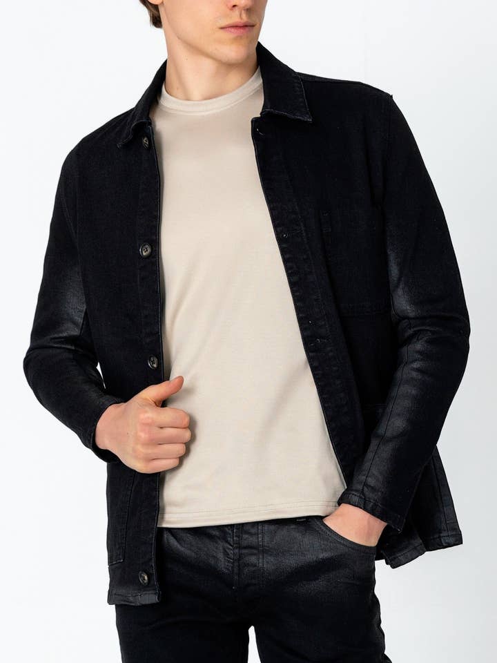 Casaco Denim Encerado com Bolso Patch para Homem - Preto por atacado de Ron Tomson