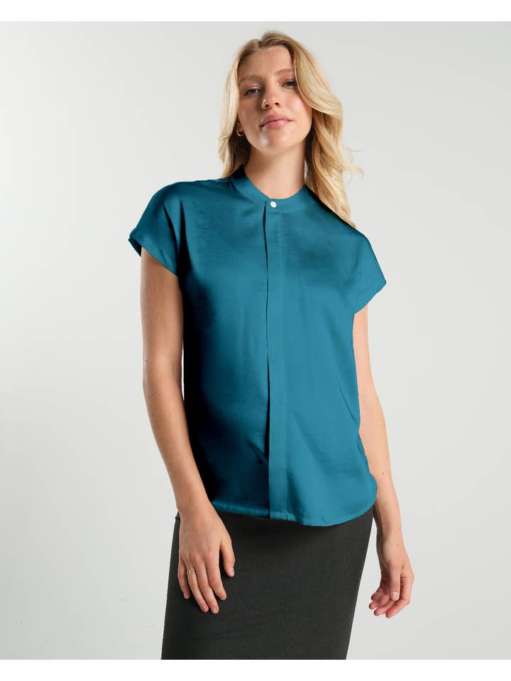 MARION – wholesale Blouse – Women’s – Short Sleeve Satin Maternity Shell Top with Concealed Nursing Zip - Peacock